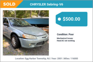 2001 CHRYSLER Sebring-V6 sold for cash in Egg Harbor Township, NJ