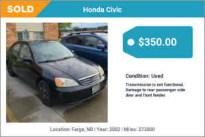 2002 Honda Civic sold for cash in Fargo, ND