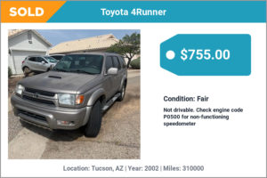 2002 Toyota 4Runner sold for cash in Tucson, AZ