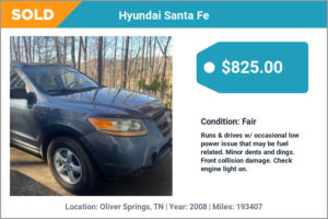 2008 Hyundai Santa Fe sold for cash in Oliver Springs, TN