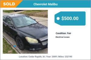 2009 Chevrolet Malibu sold for cash in Cedar Rapids, IA