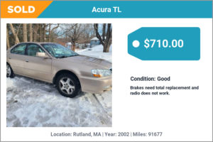 2002 Acura TL sold for cash in Rutland, MA