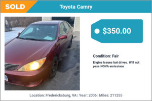 2006 Toyota Camry sold for cash in Fredericksburg, VA