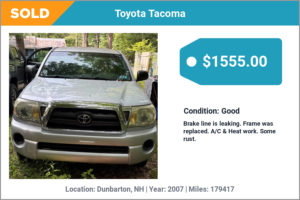 2007 Toyota Tacoma sold for cash in Dunbarton, NH