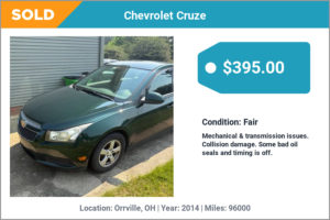2014 Chevrolet Cruze sold for cash in Orrville, OH