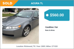 2005 ACURA TL sold for cash in Richmond, TX